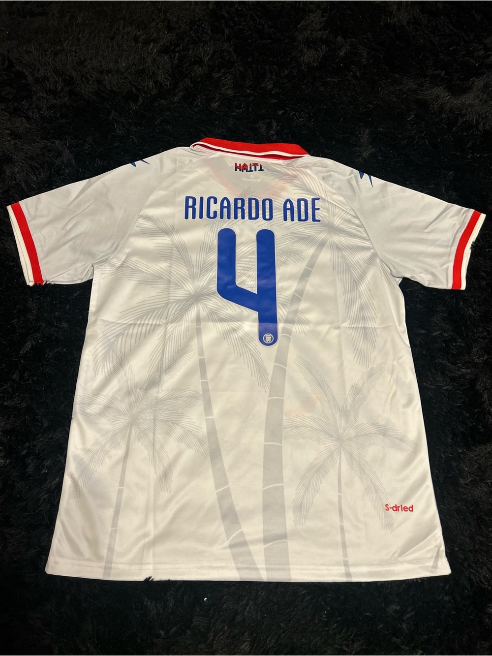 Haïti Men's Soccer Jersey with Blue Number 4 and Red Trim